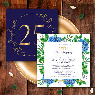 Gold and Blue Hydrangea 25th Wedding Anniversary Invitation
