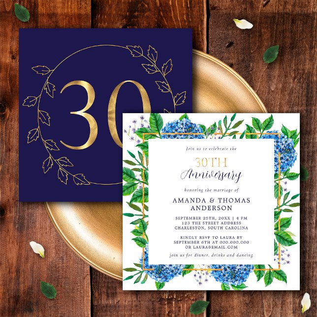 Gold and Blue Hydrangea 30th Wedding Anniversary Invitation (Front / Back)