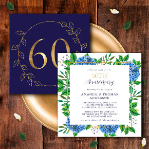 Gold and Blue Hydrangea 60th Wedding Anniversary Invitation