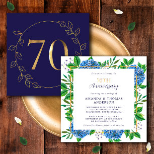 Gold and Blue Hydrangea 70th Wedding Anniversary Invitation