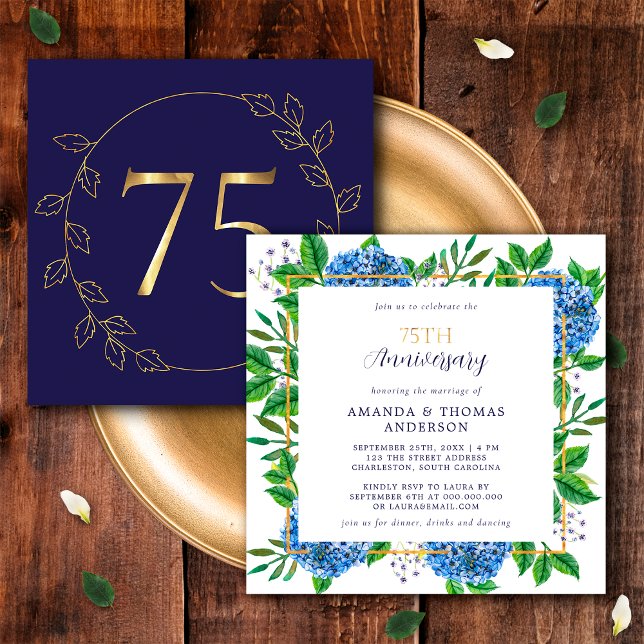 Gold and Blue Hydrangea 75th Wedding Anniversary Invitation (Front / Back)