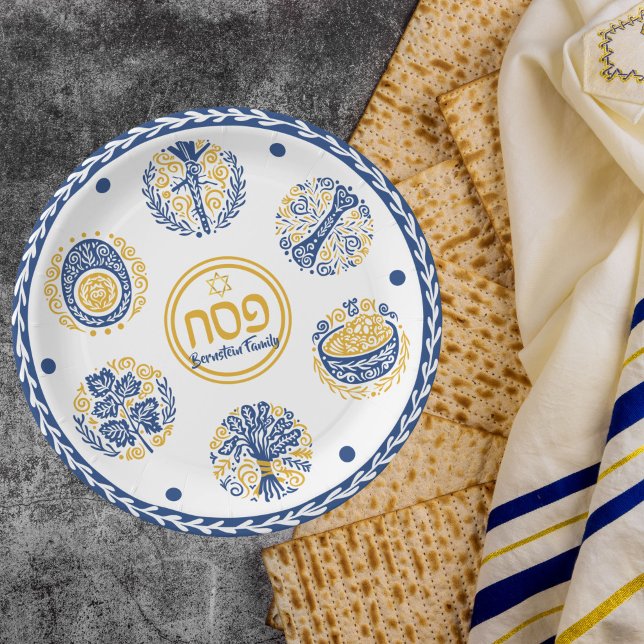 Gold and Blue Jewish Holiday Hebrew Passover  Paper Plates (Creator Uploaded)