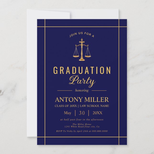Gold and blue law school graduation Class Of 2026  Invitation (Front)