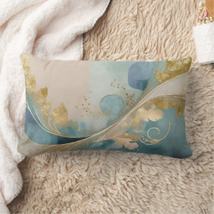 Gold and blue leaves abstract lumbar pillow
