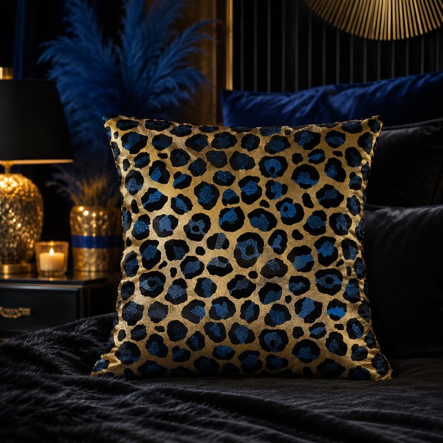 Gold and Blue Leopard Print Animal Pattern Throw Pillow (Creator Uploaded)