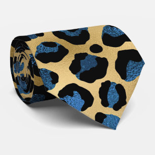Gold and Blue Leopard Print Neck Tie