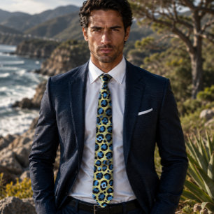 Gold and Blue Leopard Print Neck Tie