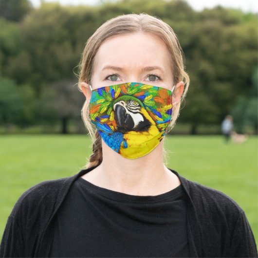Gold and Blue Macaw Parrot Fantasy Adult Cloth Face Mask (Outside)