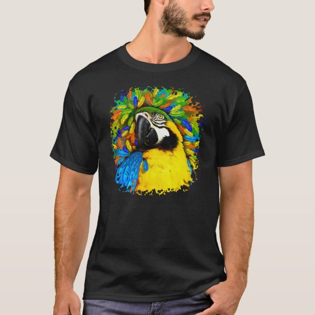 Gold and Blue Macaw Parrot Fantasy Dark T_shirt T-Shirt (Front)