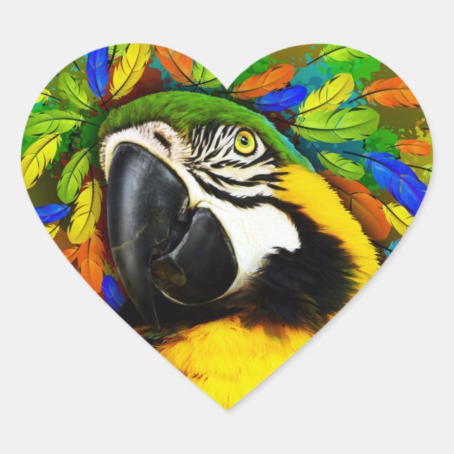 Gold and Blue Macaw Parrot Fantasy Heart Stickers (Front)