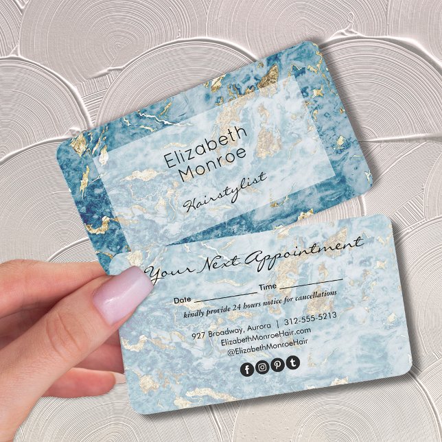Gold and Blue Marble Hair Stylist Salon Makeup Appointment Card (Creator Uploaded)