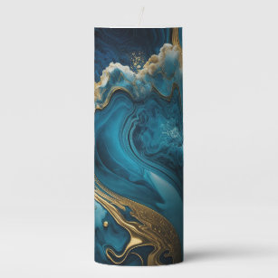 Gold and Blue Marbled Pillar Candle