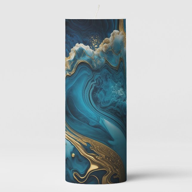 Gold and Blue Marbled Pillar Candle (Front)