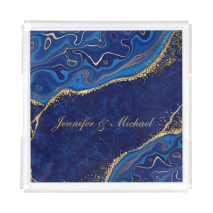 Gold and Blue Modern Wedding Elegant Custom Name Acrylic Tray