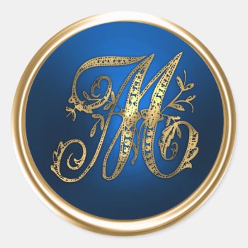 Gold And Blue Monogram M Envelope Seal by TailoredType at Zazzle