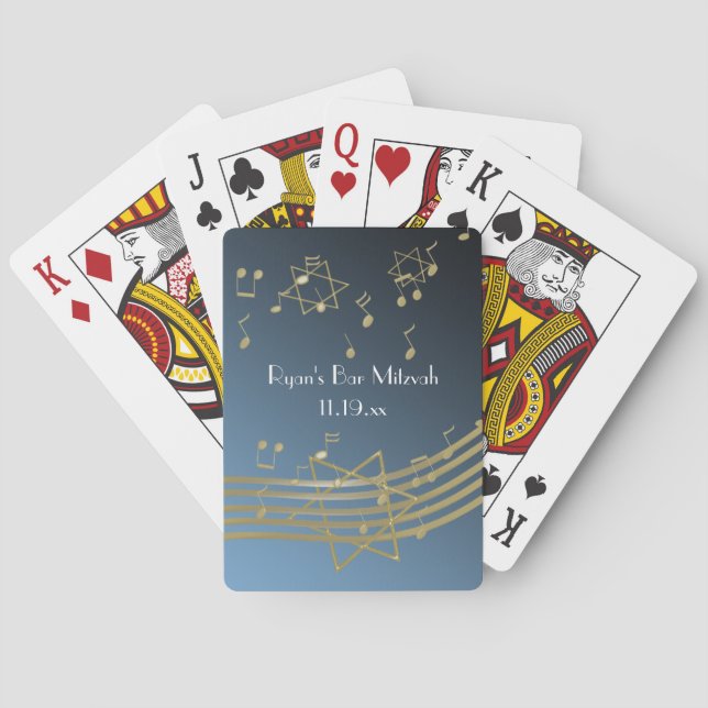 Gold and Blue Music Bar Mitzvah Poker Cards (Back)