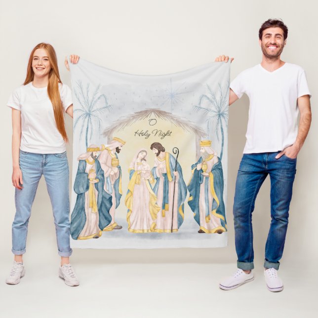 Gold and blue nativity holiday  fleece blanket (In Situ)