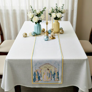 Gold and blue nativity holiday short table runner