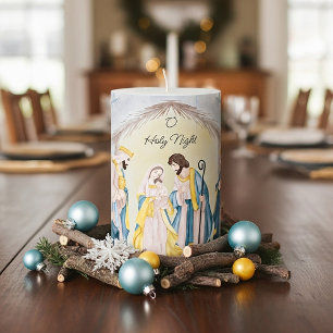 Gold and blue nativity "O Holy night" Pillar Candle