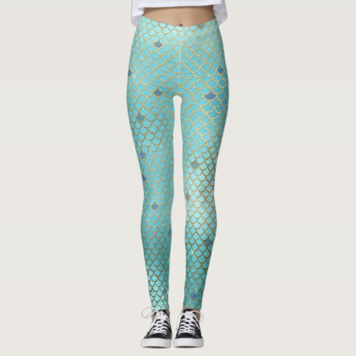 Gold and Blue Ombre Mermaid Scales Leggings