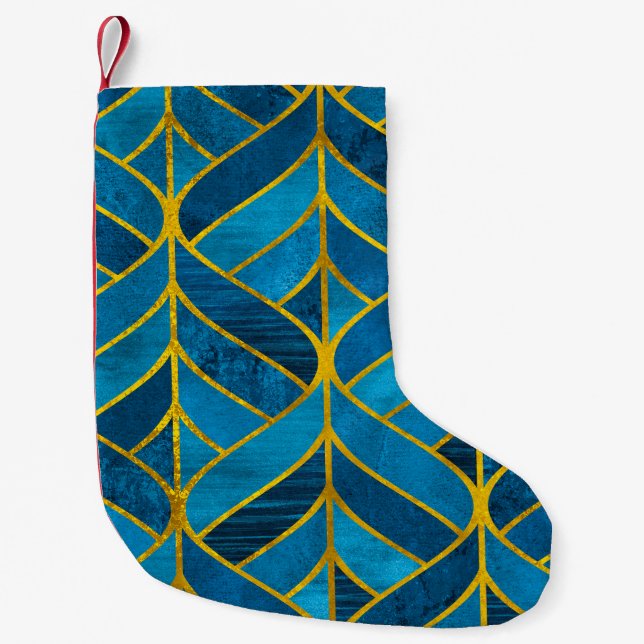 Gold and blue pattern on grunge background, seamle small christmas stocking (Front)