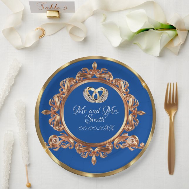 Gold and Blue Personalised Wedding Party  Paper Plates (Wedding)