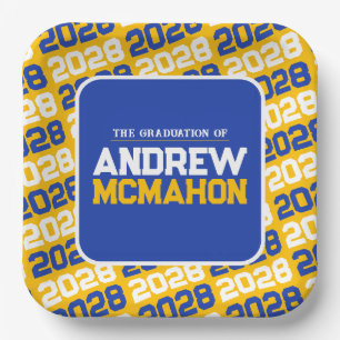 Gold and Blue Personalized Graduation Square Paper Plates