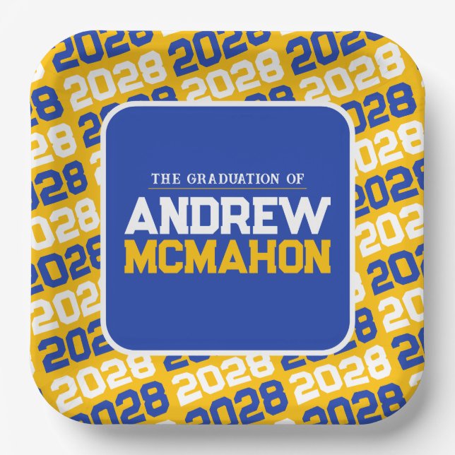 Gold and Blue Personalized Graduation Square Paper Plates (Front)