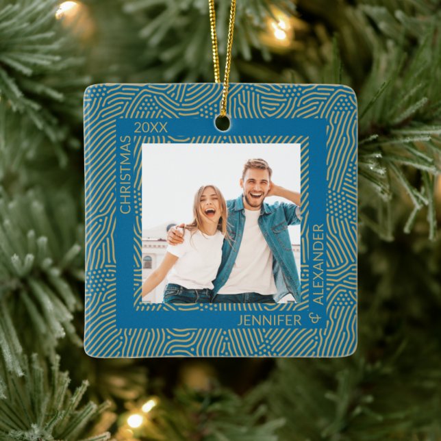 Gold and Blue Photo Ceramic Ornament (Tree)