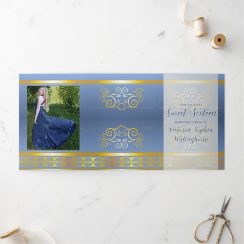 Gold and Blue Photo Sweet 16 Party Invitation