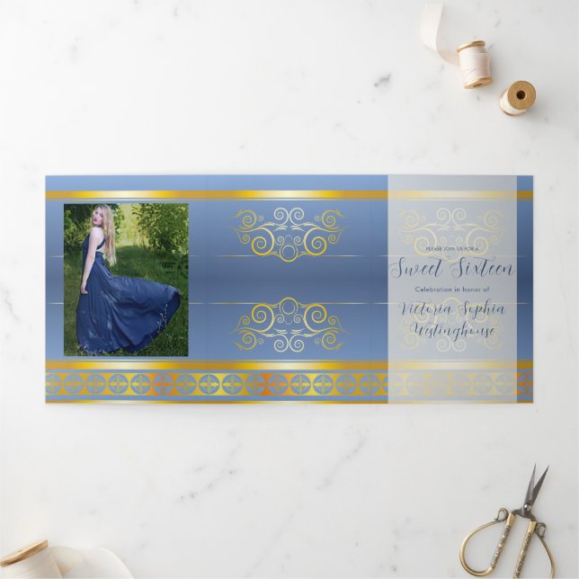Gold and Blue Photo Sweet 16 Party Invitation (Outside)