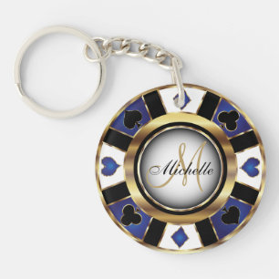 Gold and Blue Poker Chip Design - Monogram Keychain