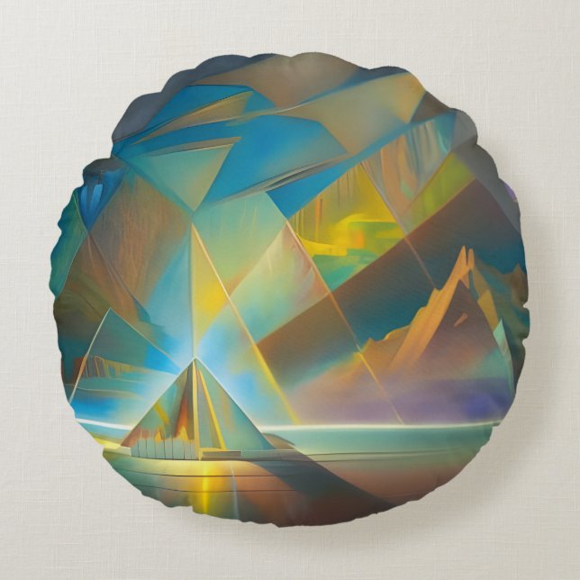 gold and blue pyramid abstract art round pillow (Front)