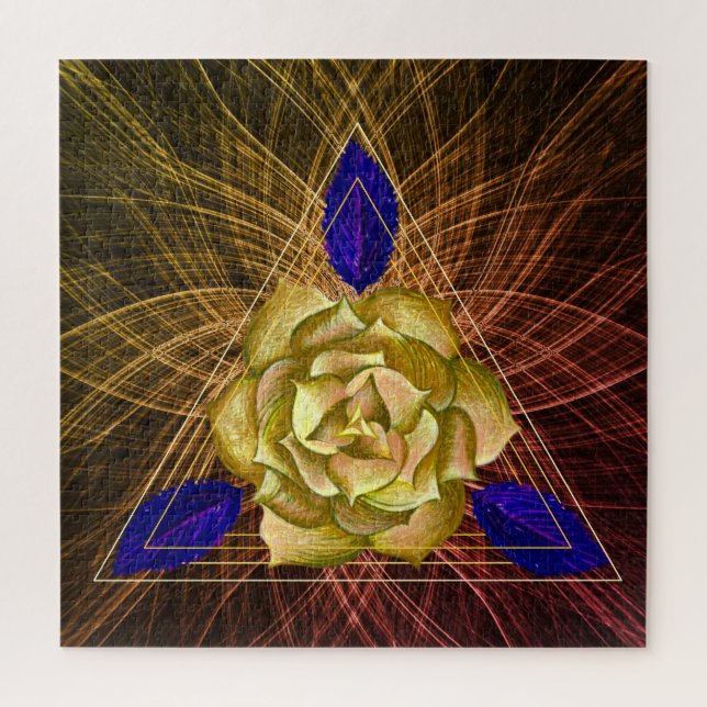 Gold and Blue Rose Flower Triangle Shape Floral Jigsaw Puzzle (Vertical)