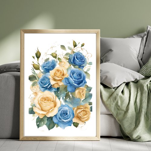 Gold and Blue Roses Romantic Watercolor Poster