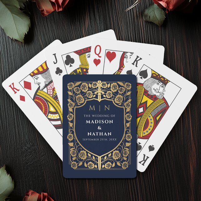 Gold and Blue Royal Sword Shield Wedding Favor Poker Cards (Creator Uploaded)