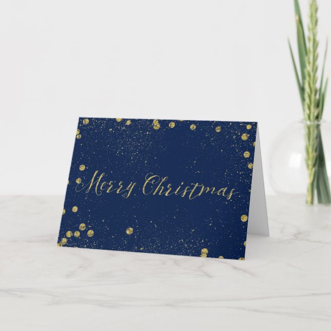 Gold and Blue Sparkle Confetti Dots Christmas Holiday Card (Front)