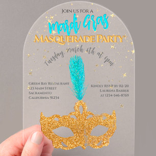 Gold and Blue Sparkles Mask Mardi Gras Party Acrylic Invitations