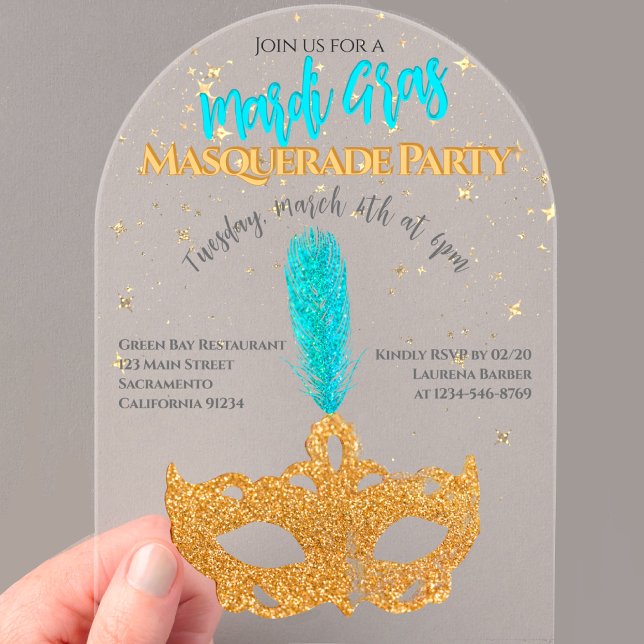 Gold and Blue Sparkles Mask Mardi Gras Party Acrylic Invitations (Creator Uploaded)