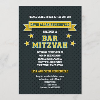 Gold And Blue Sports Tackle Twill Bar Mitzvah Invitation by mishpocha at Zazzle
