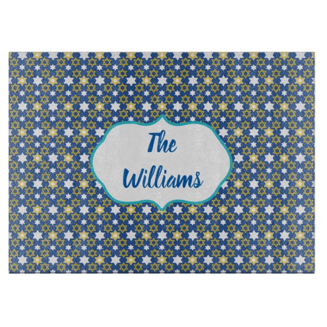 Gold and Blue Star of David Cutting Board (Front)