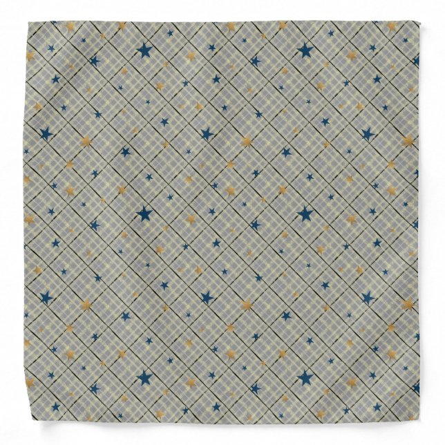 Gold and blue stars on a grey checkered background bandana (Front)