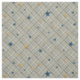 Gold and blue stars on a grey checkered background fabric