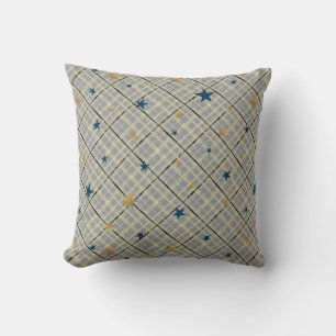 Gold and blue stars on a grey checkered background throw pillow