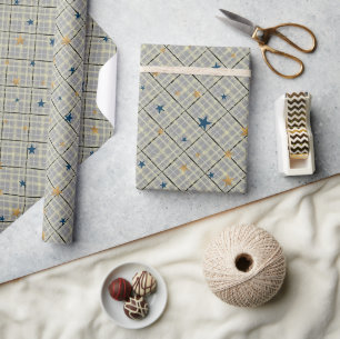 Gold and blue stars on a grey checkered background wrapping paper