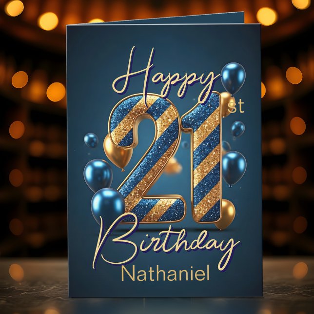 Gold and Blue Stripes and Balloons 21st Birthday  Card (Creator Uploaded)