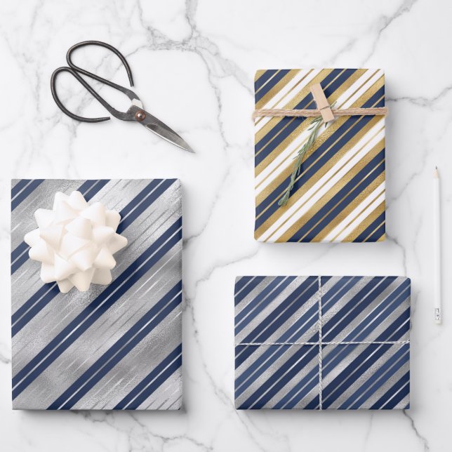Gold And Blue Stripes  Wrapping Paper Sheets (Front)