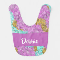 Gold and blue textured stripes on purple baby bib