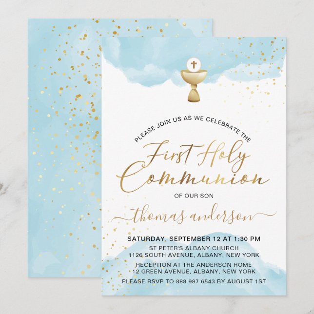 Gold And Blue Watercolor 1st Holy Communion Invitation (Front/Back)