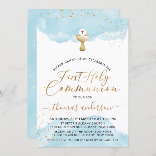Gold And Blue Watercolor 1st Holy Communion Invitation